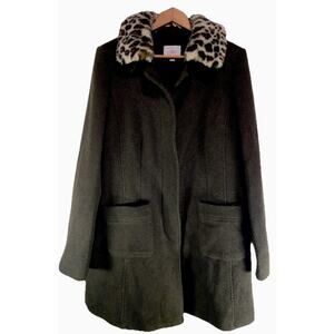 LOFT Ann Taylor Womens Winter Corduroy Coat Brown Wool Button Leopard Collar 12T